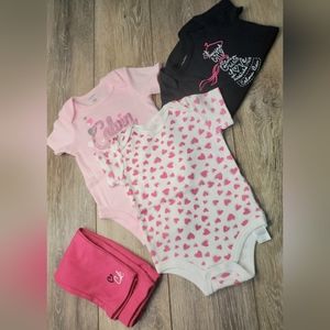 Calvin Klein 5 PC set black, pink and white onesies and leggings 6-9M